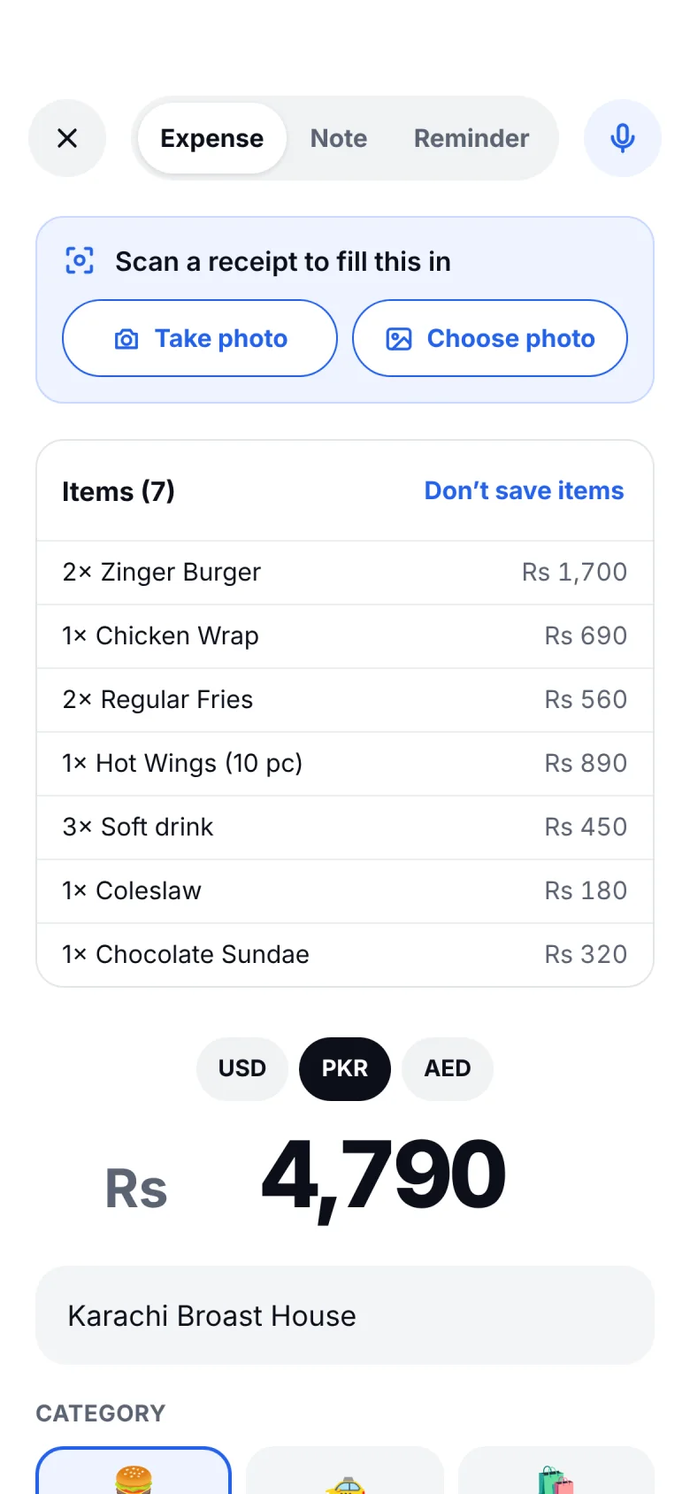 Companion scan screen with seven receipt items filled in and a total of Rs 4,790