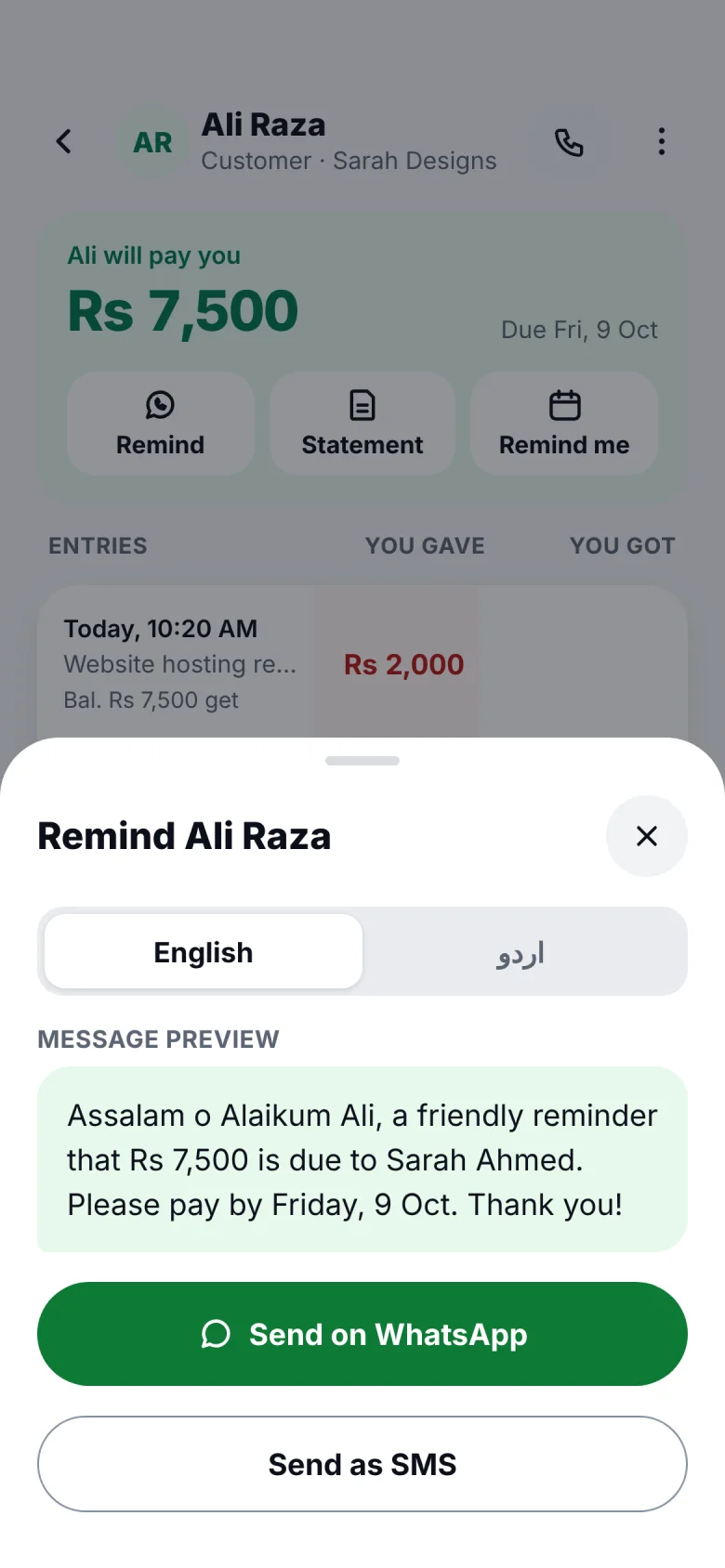 Companion reminder sheet with a polite WhatsApp message for Ali Raza, switchable between English and Urdu