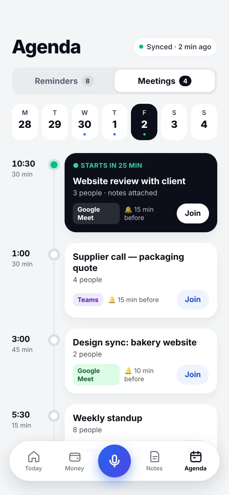 Companion Agenda screen showing today’s Google Meet and Teams meetings, each with a Join button